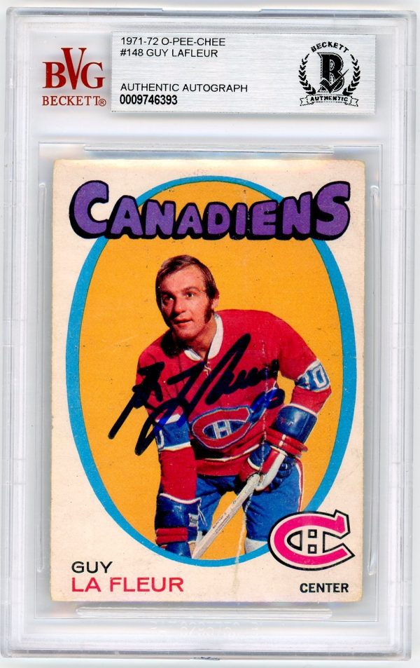 Guy LaFleur Canadiens OPC 1971-72 Beckett Authenticated Autographed Slabbed Rookie Card #148