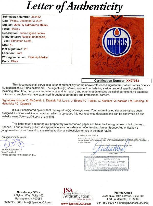 Edmonton Oilers 2016-2017 Team Autographed (MCDAVID!) Oilers Retro Jersey (Inaugural Year Rogers Place) JSA COA
