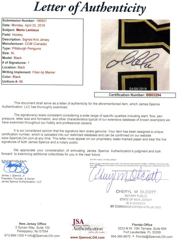 Mario Lemieux Pittsburgh Penguins Autographed Licensed Reebok Authenticated Jersey #66 (JSA COA)