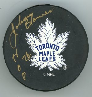 Johnny Bower Signed Toronto Maple Leafs Puck Inscribed "HOF 76" W/COA